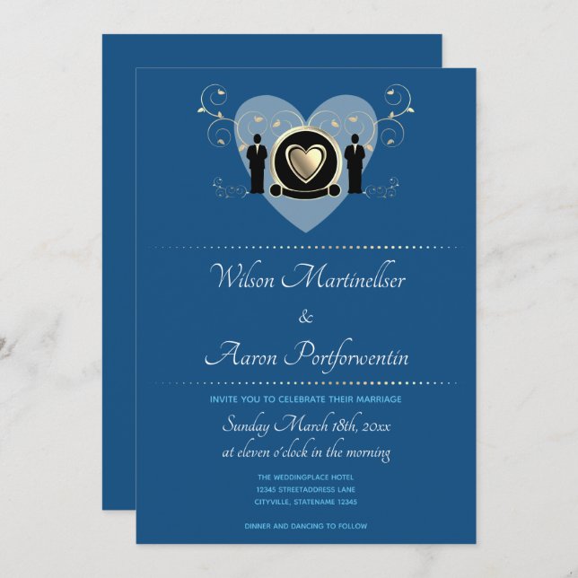 Gold Heart Male Wedding Classic Blue Invitation (Front/Back)