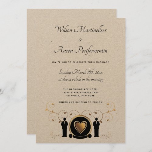 Gold Heart Male Wedding Kraft Paper LGBTQ Invitation
