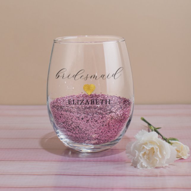 Gold Heart Minimalist Wedding Party Stemless Wine Glass (Creator Uploaded)