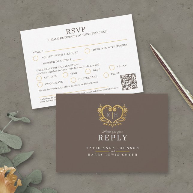 Gold heart monogram brown meal option wedding RSVP card (Creator Uploaded)