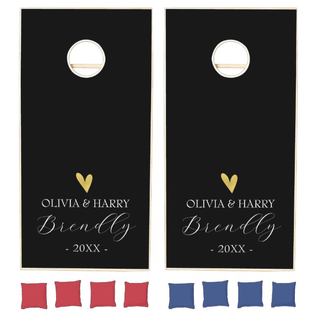 Gold Heart Monogram Names Gift Cornhole Set (Set)