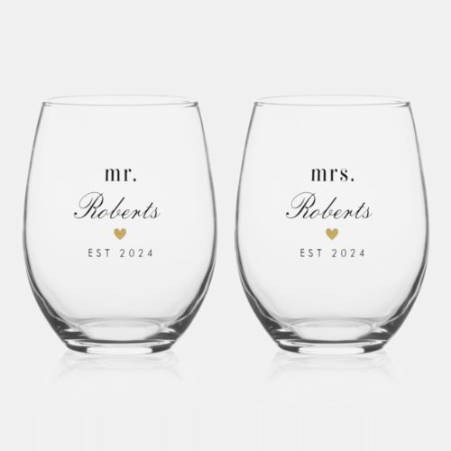 Gold Heart Mr and Mrs Newlywed Gift Stemless Wine Glass