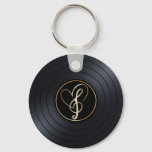 Gold Heart Music Notes Vinyl Record  Keychain