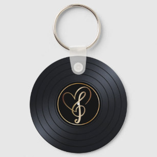 Gold Heart Music Notes Vinyl Record  Keychain