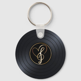 Gold Heart Music Notes Vinyl Record Keychain