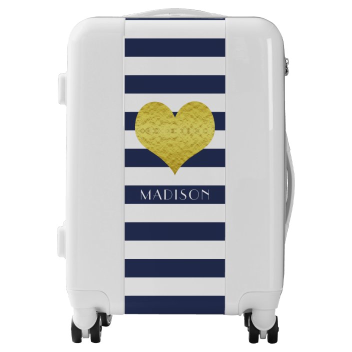 blue and white striped suitcase