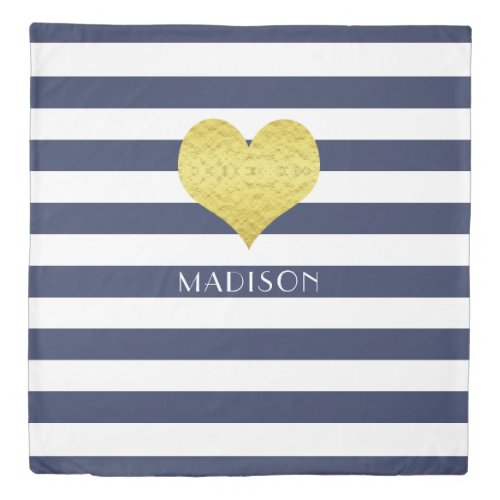 Gold Heart Name Blue White Stripes Pattern Print Duvet Cover