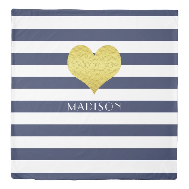 Gold Heart Name Blue White Stripes Pattern Print Duvet Cover (Front)
