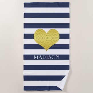 Gold Heart Name Nautical Blue And White Stripes