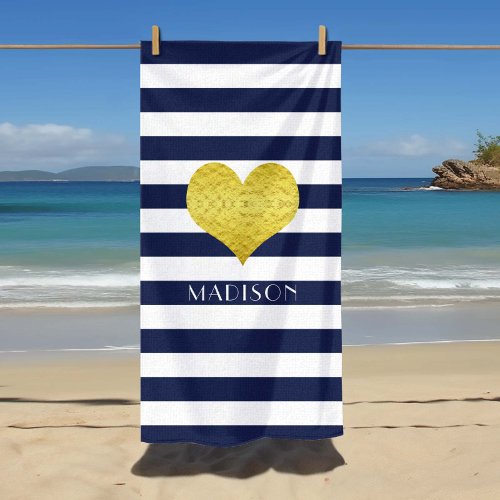 Gold Heart Name Nautical Blue And White Stripes Beach Towel