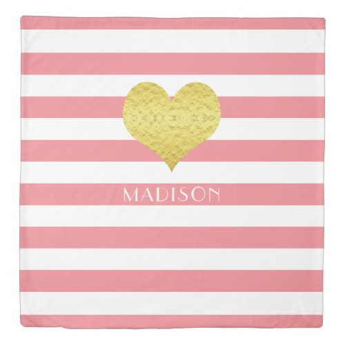 Gold Heart Name Pink White Stripes Pattern Print Duvet Cover