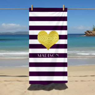 Gold Heart Name Purple Stripes Pattern Beach Towel