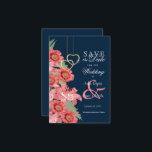 Gold Heart, Navy and Coral Flowers - Save The Date<br><div class="desc">Gold Heart and Coral Flowers on Navy Blue - Save the Date Invitations ready to customize for your party or event by using the templates or removing all text and starting fresh and designing for your own event. This design will work great for saving a date for a wedding, anniversary,...</div>
