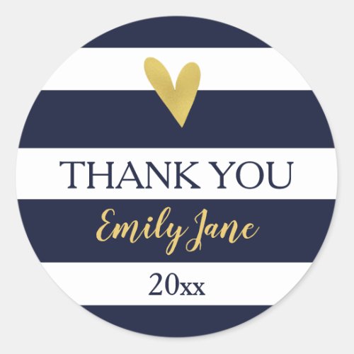 Gold Heart Navy Blue Stripes Baby Shower Stickers