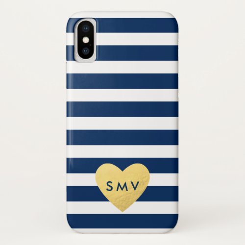 Gold Heart Navy striped iPhone XS Case