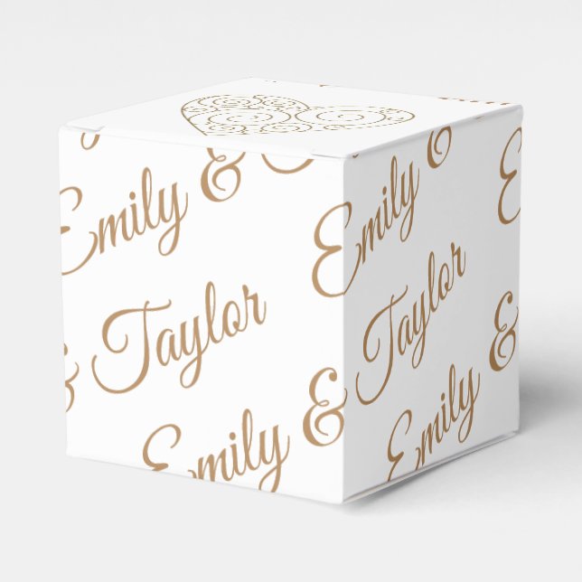 Gold Heart Newlywed's Names Wedding Favor Box (Front Side)