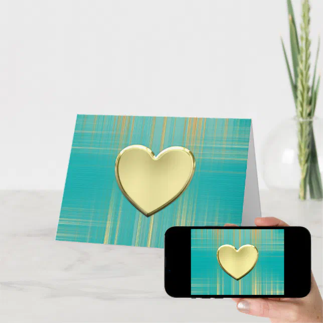 Gold Heart on Turquoise Plaid Card | Zazzle