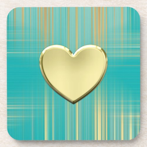 Gold Heart on Turquoise Plaid Coaster