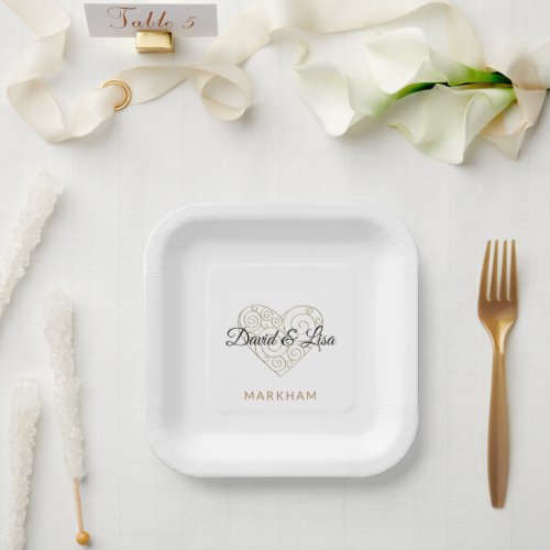 Gold Heart Paper Plates with Personalized Names
