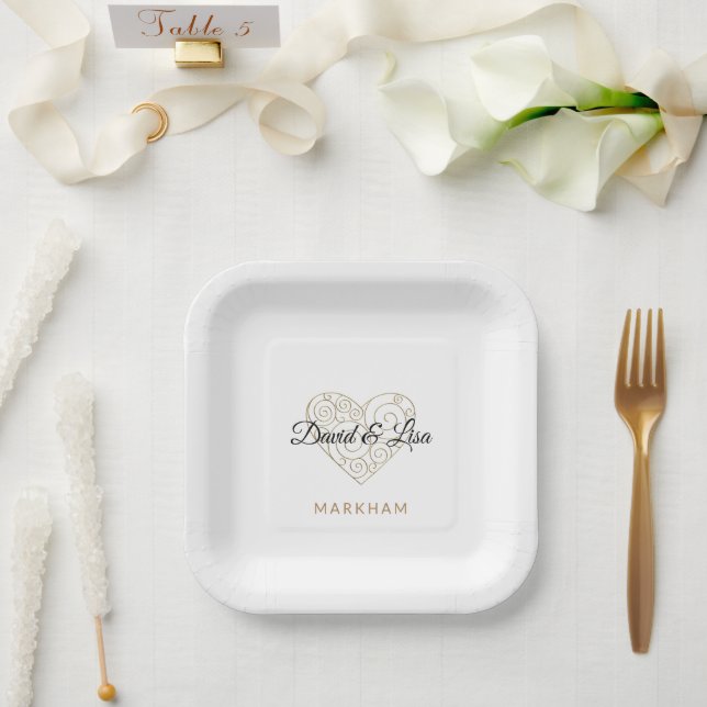 Gold Heart Paper Plates with Personalized Names (Wedding)