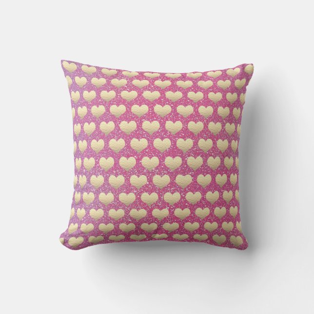 Gold Heart Patterns Valentine's Day Pink Glitter Outdoor Pillow (Front)