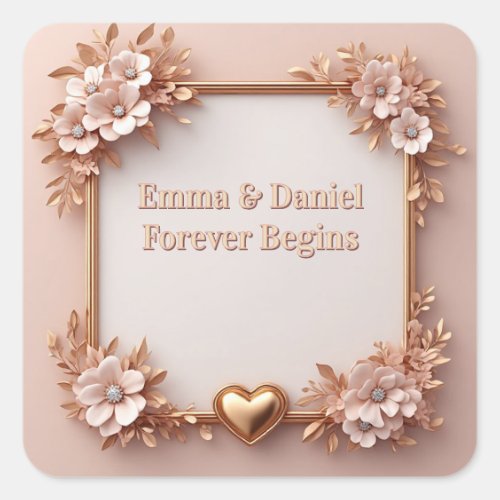  Gold Heart Peach Floral Spring Wedding Style  Square Sticker