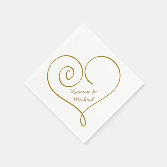 Gold Heart Personalized Wedding Paper Napkins (Corner)