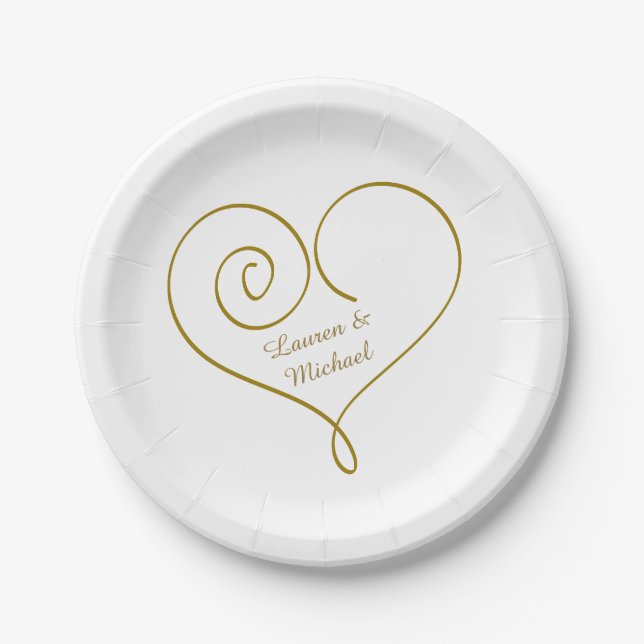 Gold Heart Personalized Wedding Paper Plates (Front)