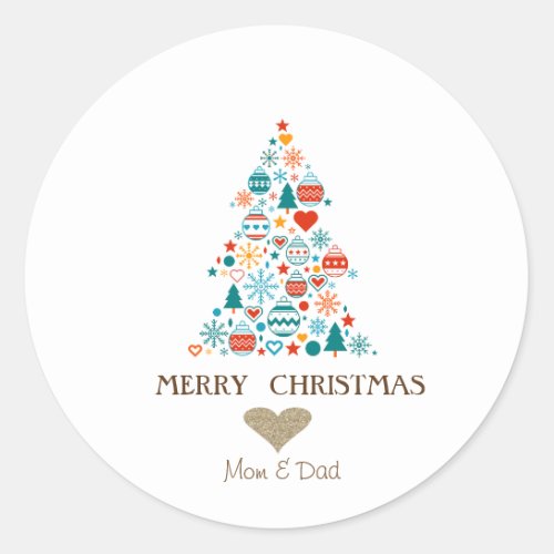 Gold Heart Pine Tree Colorful Balls Christmas Classic Round Sticker