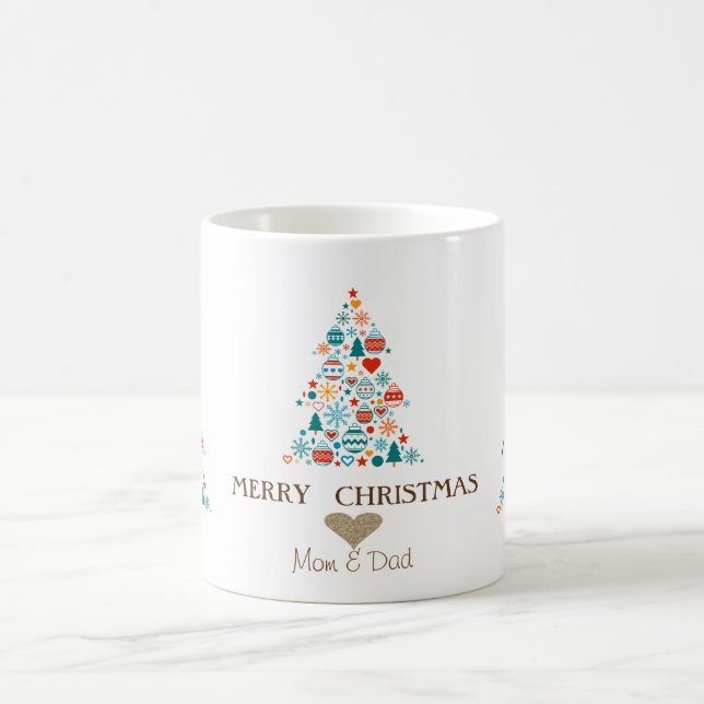 Gold Heart, Pine Tree Colorful Balls Christmas Coffee Mug (Center)