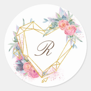 gold heart pink floral elegant monogram classic round sticker