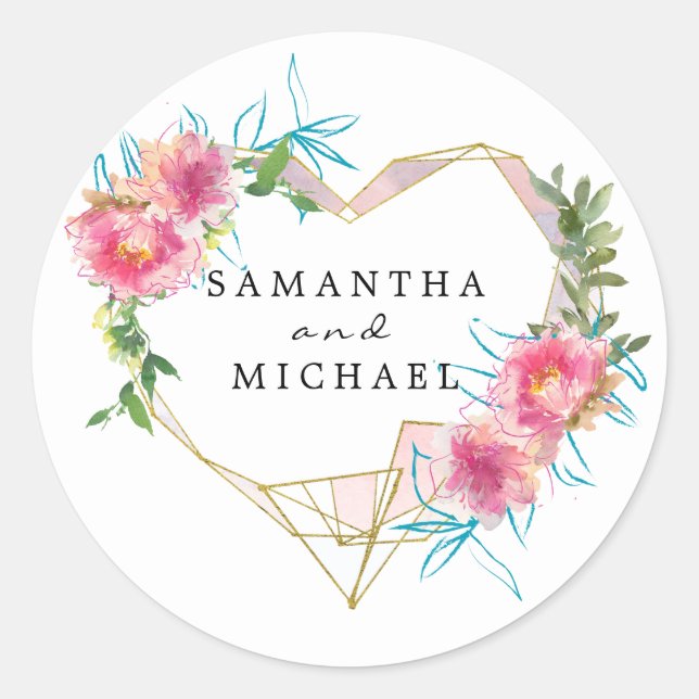 Gold Heart Pink Floral Wedding Favor Seals (Front)