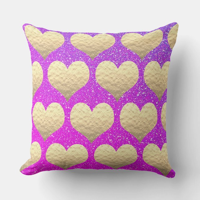 Gold Heart Pink Purple Glitter Valentine's Day Throw Pillow (Front)