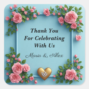 🌷 Gold Heart Pink Rose Blue Wedding Set 💍 Square Sticker
