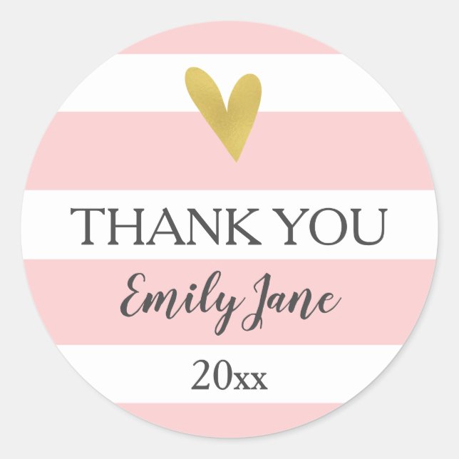 Gold Heart Pink White Stripes Baby Shower Stickers (Front)