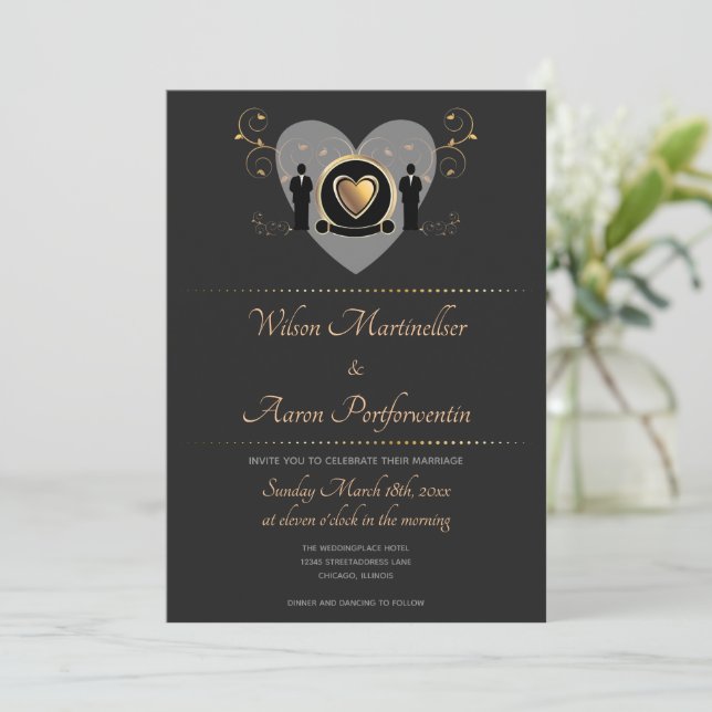 Gold Heart QR Code Male LGBTQ Wedding Invitation (Standing Front)