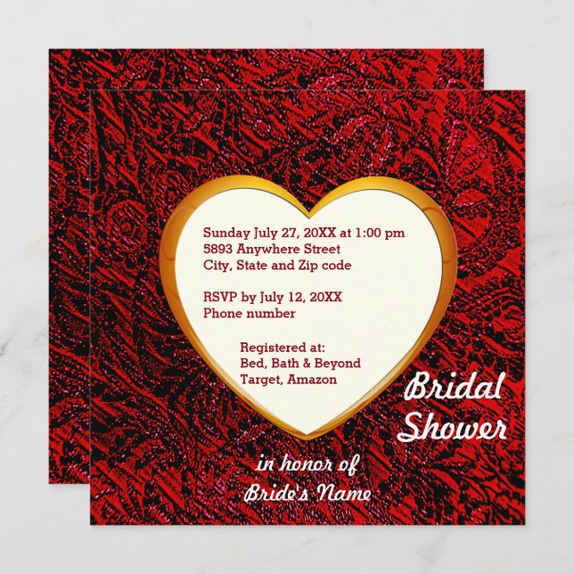 Gold Heart & Red Fabric Bridal Shower Invitation (Front/Back)