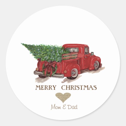 Gold Heart Red Truck Pine Tree Christmas Classic Round Sticker