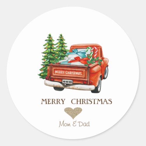 Gold Heart Red Truck Pine Trees Christmas Classic Round Sticker