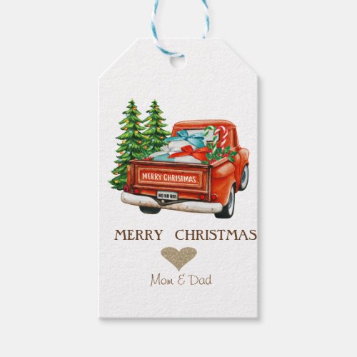 Gold Heart Red Truck Pine Trees Christmas Gift Tags