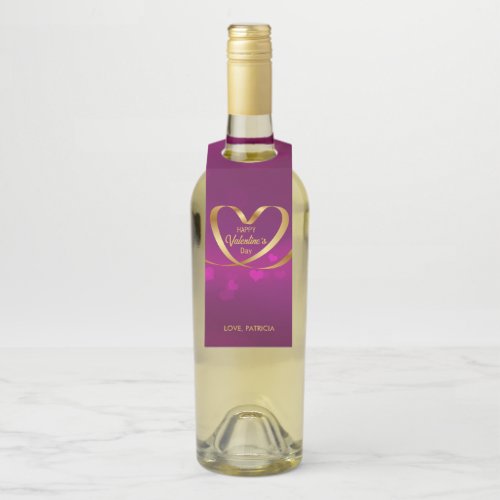 Gold Heart Ribbon Happy Valentines Day Purple Bottle Hanger Tag