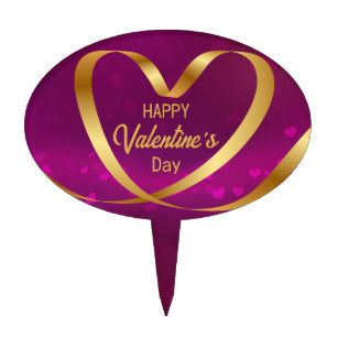 Gold Heart Ribbon Happy Valentine's Day Purple Cake Topper