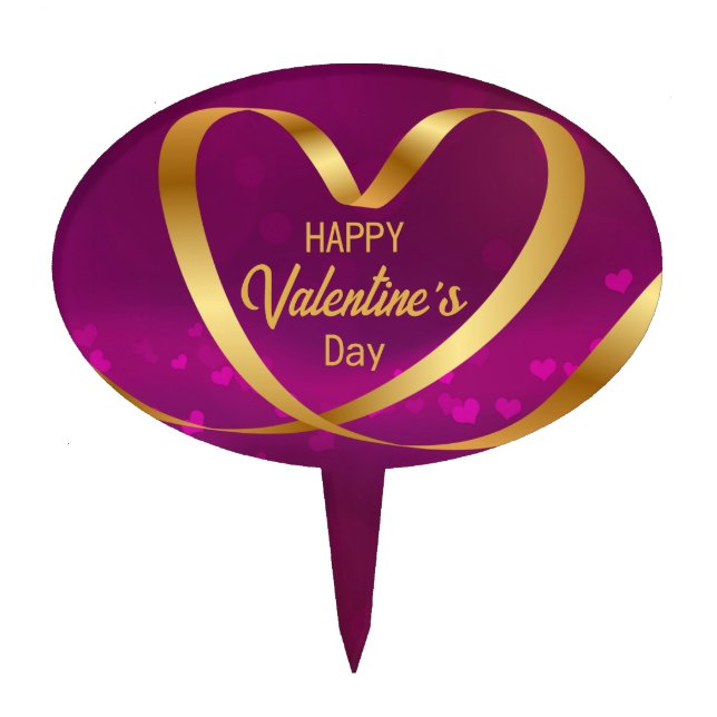 Gold Heart Ribbon Happy Valentine's Day Purple Cake Topper (Front)