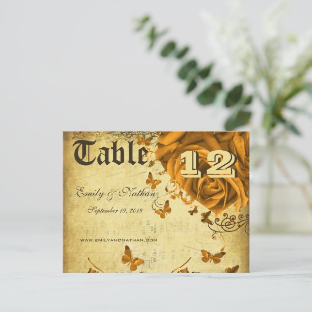 Gold Heart Roses and Butterflies Table Number (Standing Front)