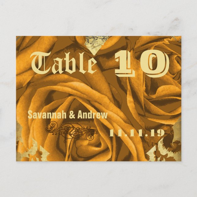 Gold Heart Roses and Butterflies Table Number Card (Front)