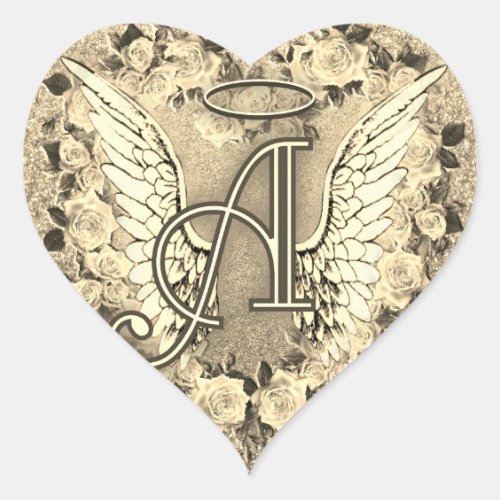 Gold Heart Roses Angel Wings Monogram Heart Sticker