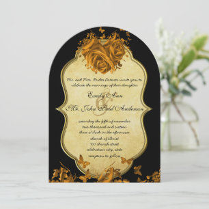 Gold Heart Roses & Butterflies Wedding Invitation