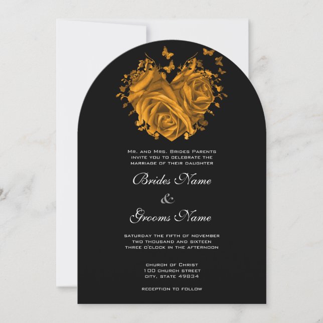 Gold Heart Roses & Butterflies Wedding Invitation (Front)