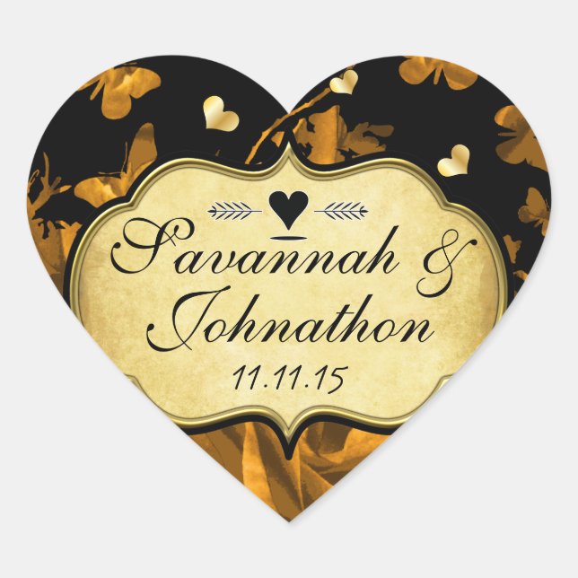 Gold Heart Roses & Butterflies Wedding Sticker (Front)