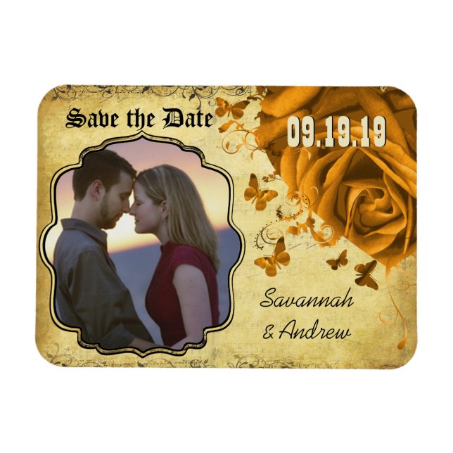 Gold Heart Roses & Buttterflies Save the Date Magnet (Horizontal)
